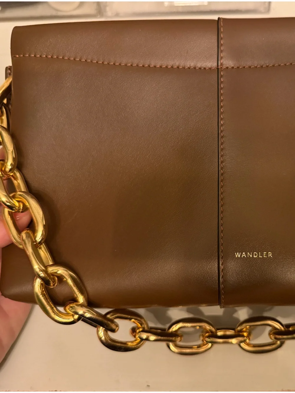 Wandler Brown Leather Shoulder Bag with Gold Chain